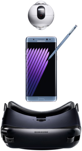 Le Galaxy Note 7 vient compléter le Smartphone S7, la montre Gear S2, le bracelet Gear Fit 2, le casque intra-auriculaire Gear IconX, le casque de réalité virtuelle Gear VR et la caméra Gear 360